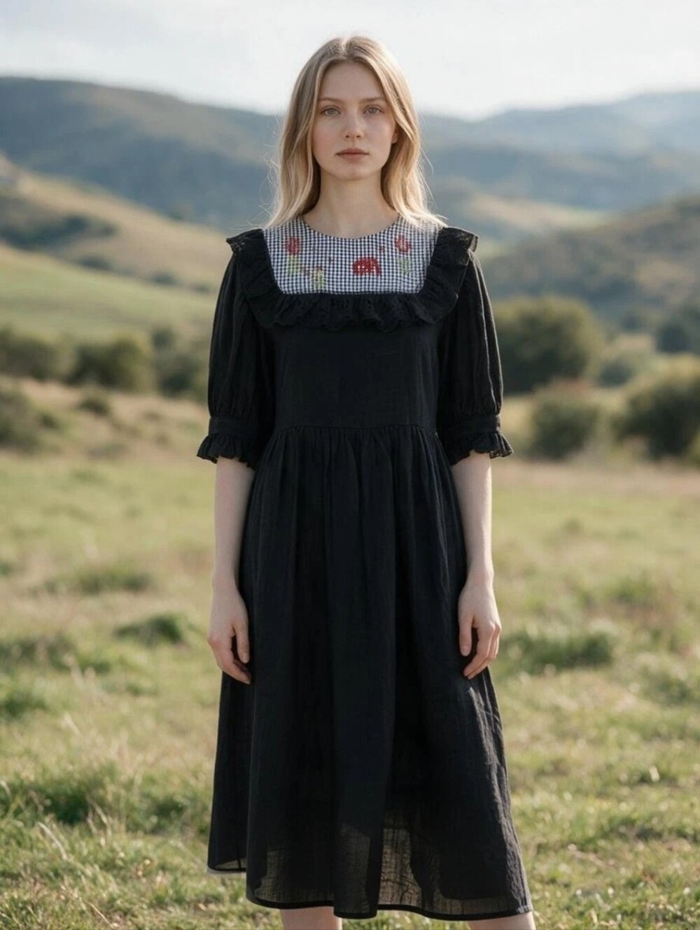 Unlogical Poem Gardening Your Soul Black Ramie Embroidered Midi Dress NWT Size M